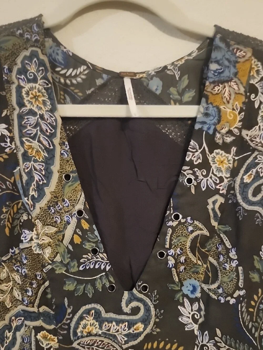 Free People Black Paisley Mini Dress with Blue & Olive Floral Motif